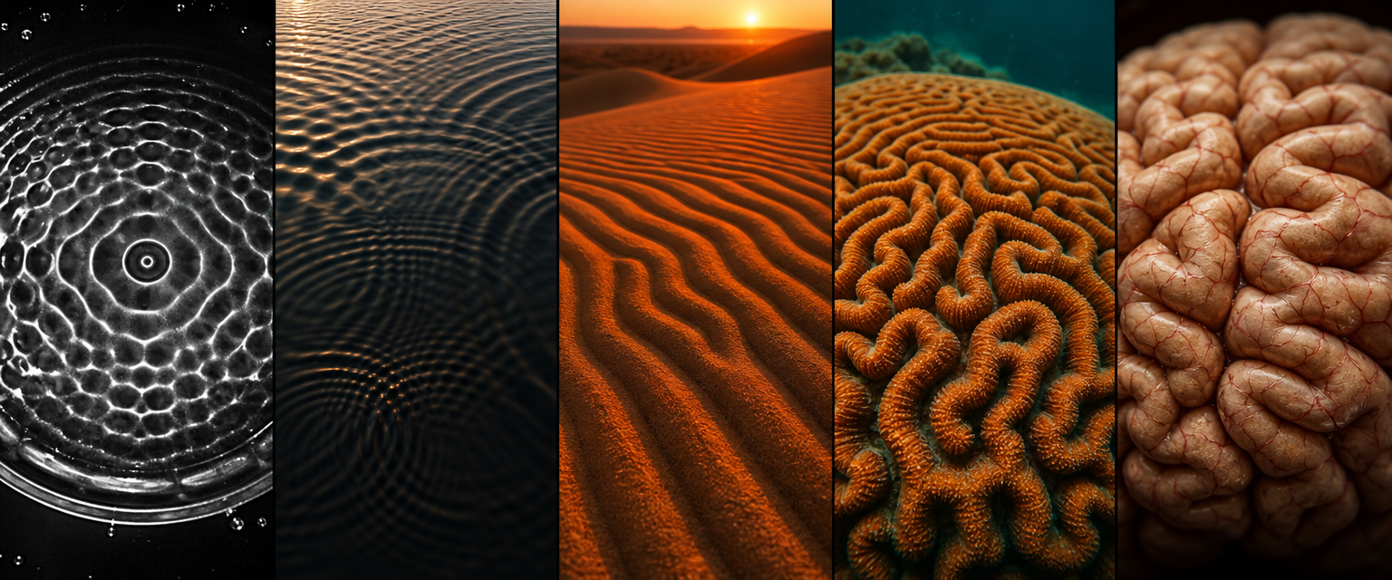 La misma onda en la naturaleza: cimática, agua, dunas, coral y cerebro